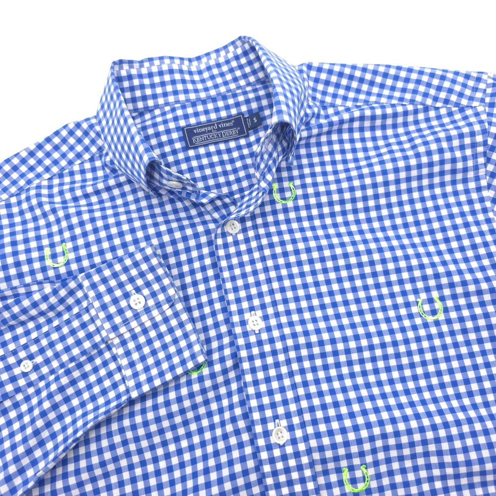 Vineyard Vines Kentucky Derby Men Small Blue Gingham Horseshoe Shirt Long Sleeve